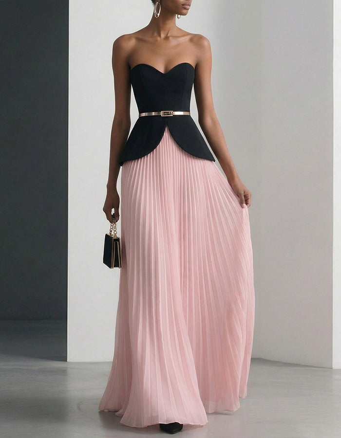 Black And Pink Strapless Pleated Chiffon Midi Skirt 2-Piece Suit