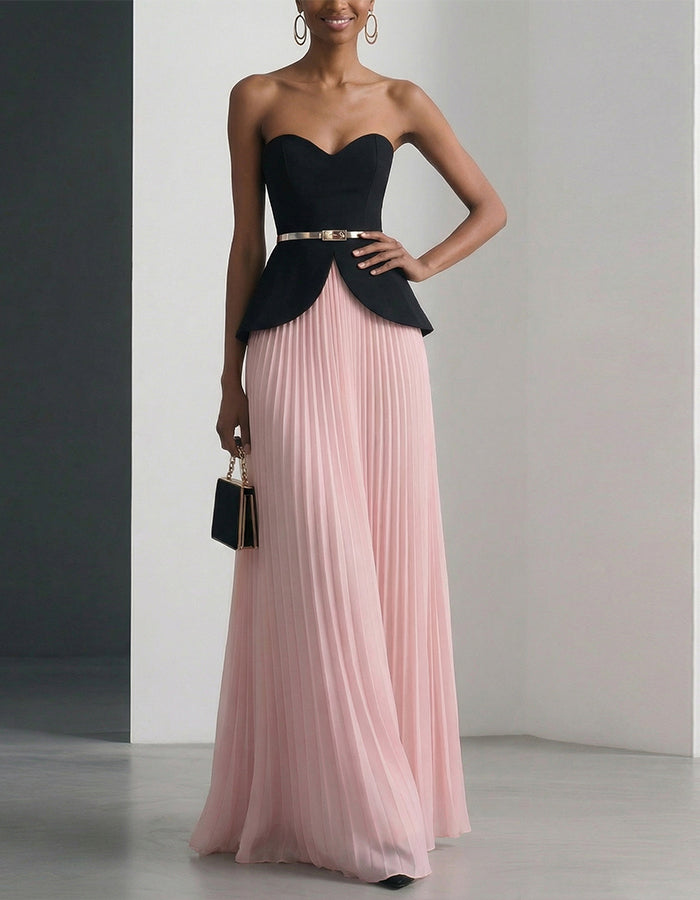 Completo due pezzi con gonna midi plissettata in chiffon nero e rosa senza spalline
