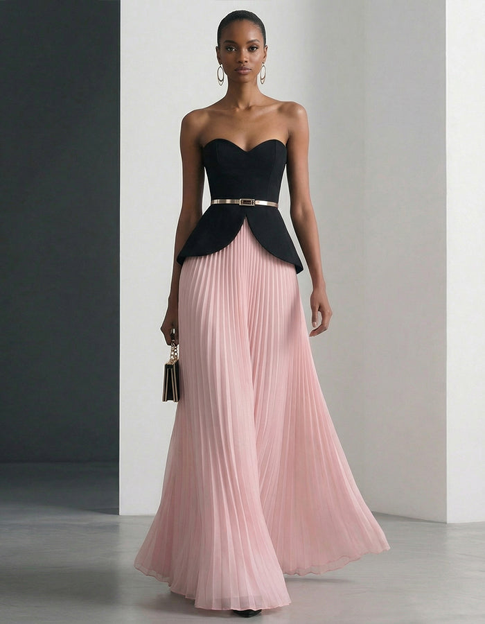 Completo due pezzi con gonna midi plissettata in chiffon nero e rosa senza spalline