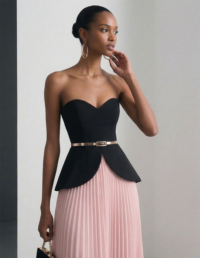 Completo due pezzi con gonna midi plissettata in chiffon nero e rosa senza spalline