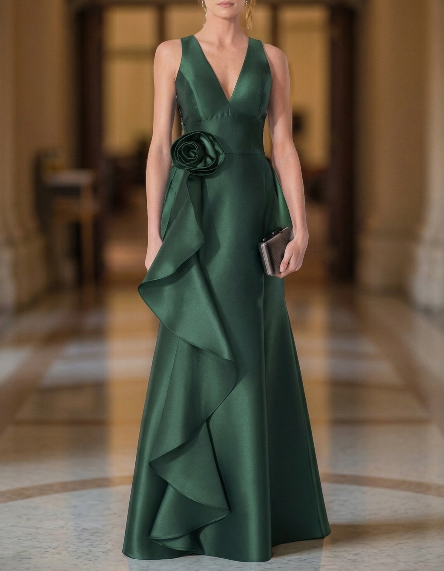 Vestido Maxi de Cetim com Decote em V, Cintura Ajustada, Flores e Folhos