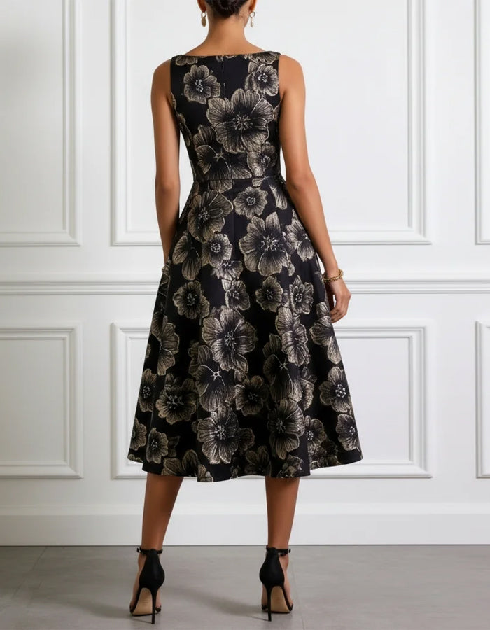 Robe midi noire et or sans manches à taille cintrée et jupe évasée à fleurs  