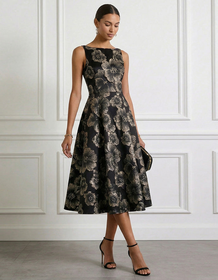 Robe midi noire et or sans manches à taille cintrée et jupe évasée à fleurs  