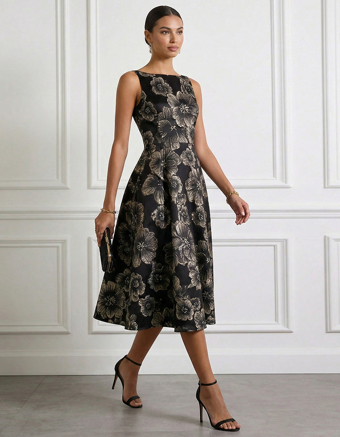Robe midi noire et or sans manches à taille cintrée et jupe évasée à fleurs  