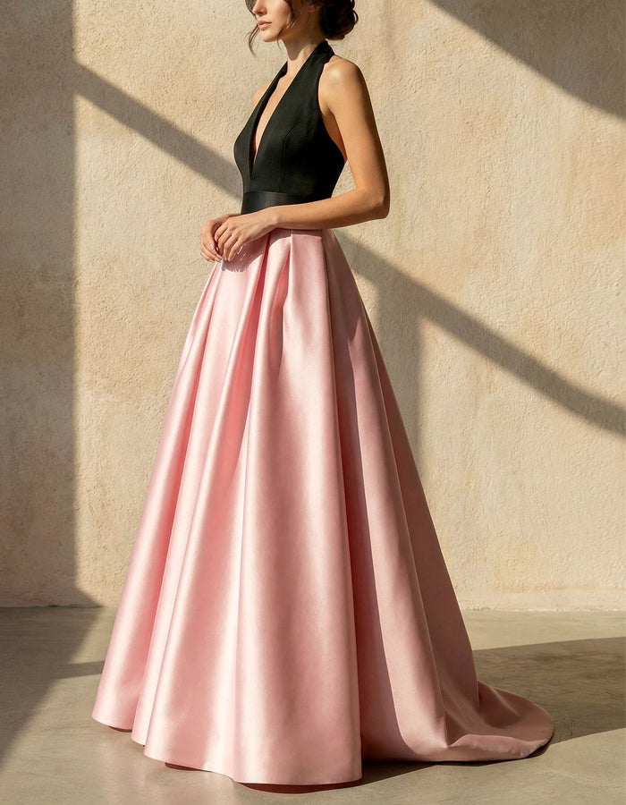 Black And Pink Halter Neck Deep V Satin Maxi Dress