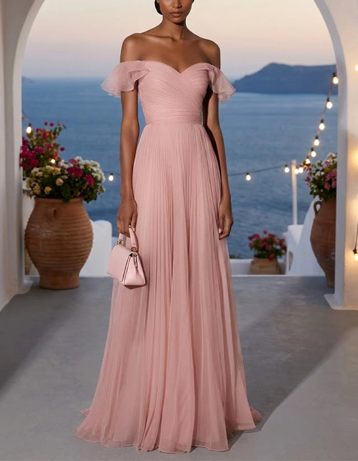 Roze Off-Shoulder Gerimpelde Geplooide Chiffon Maxi-jurk