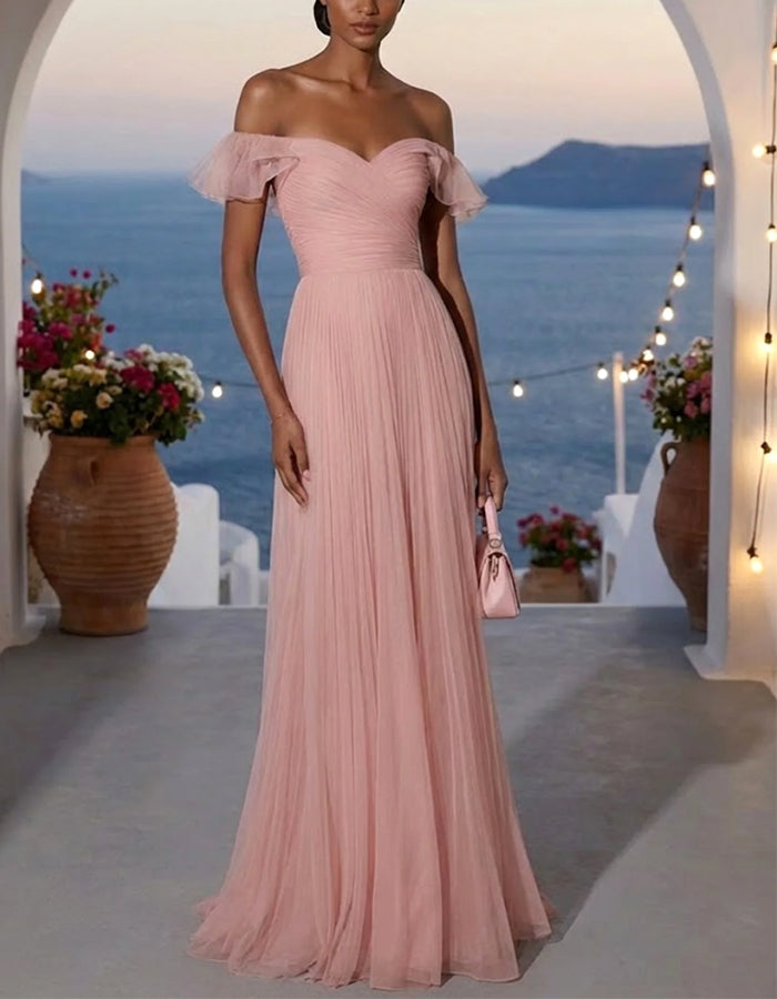 Roze Off-Shoulder Gerimpelde Geplooide Chiffon Maxi-jurk