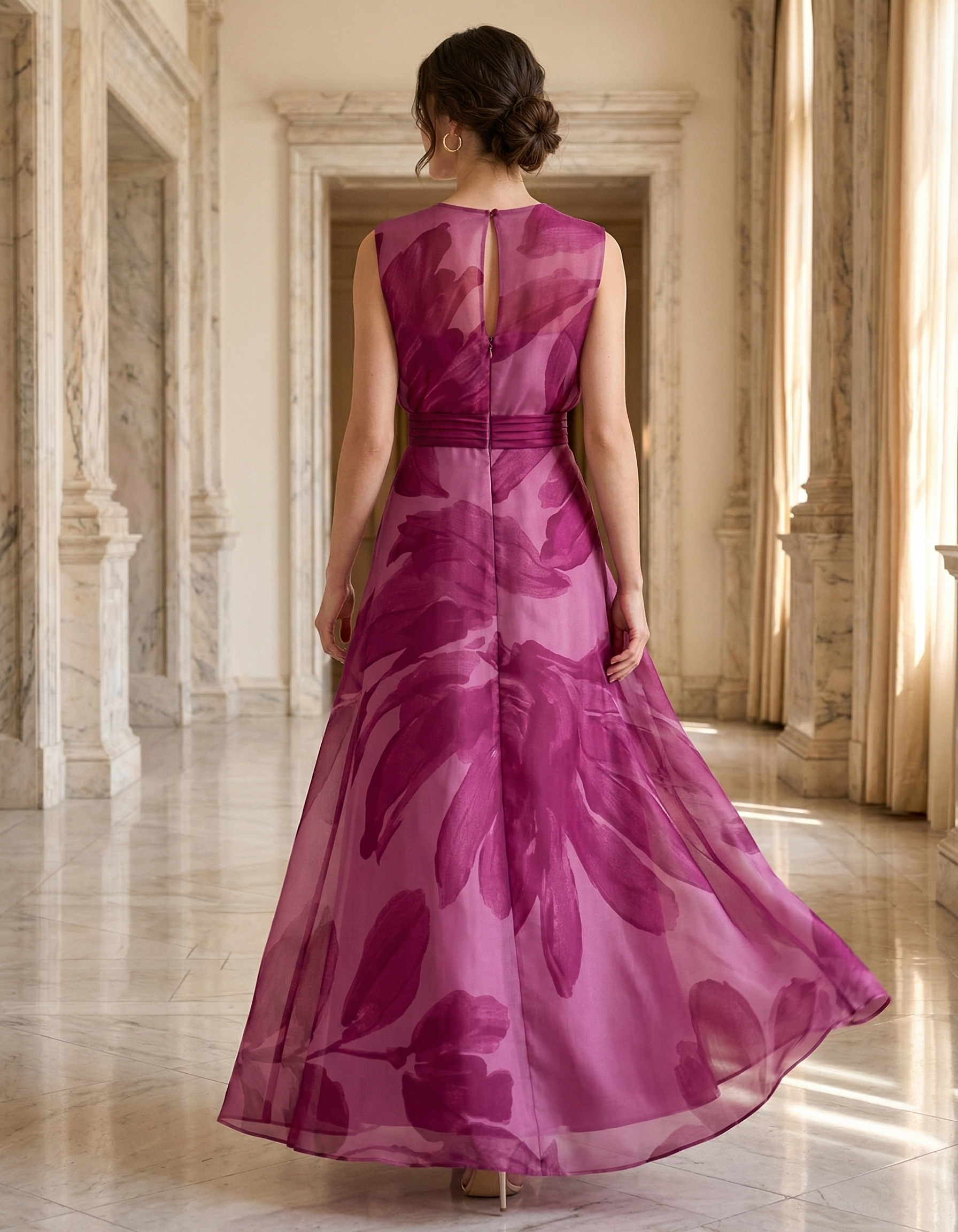Rosa Chiffon Maxikleid mit Druck und A-Linie