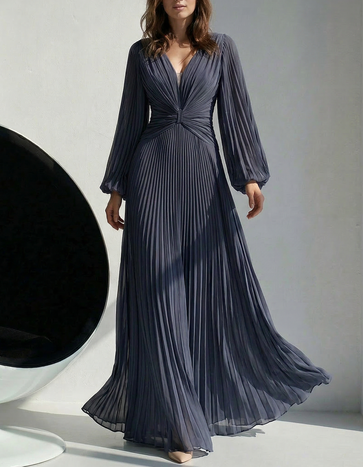 Navy Blue Chiffon V-Neck Puff Sleeves Fitted Waist Maxi Dress