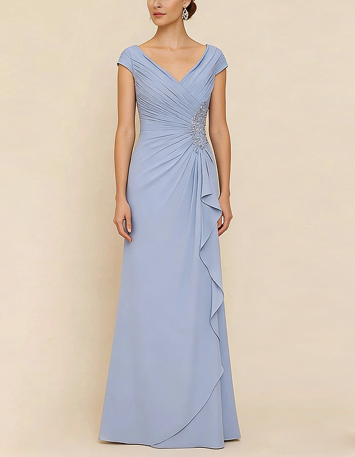 Rochie maxi bleu cu decolteu în V și margine cu volane