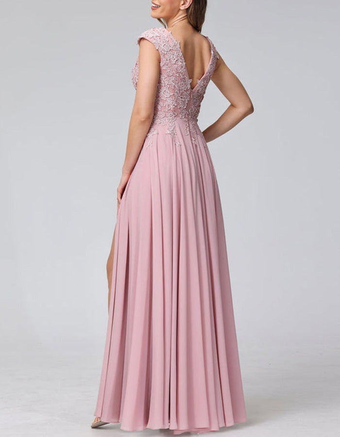 Stofroze chiffon maxi-jurk met kant en split