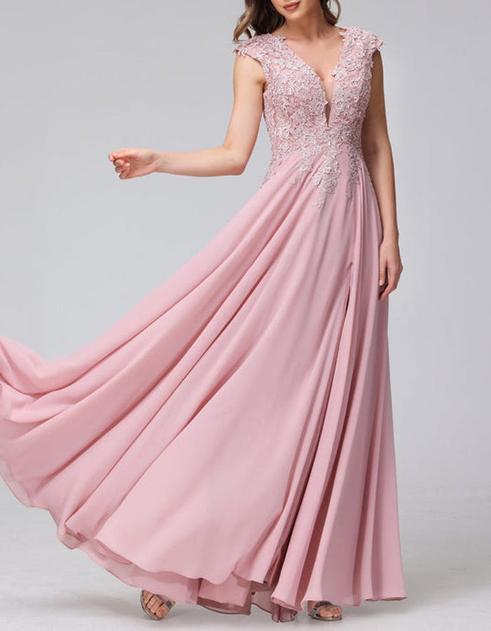 Stofroze chiffon maxi-jurk met kant en split