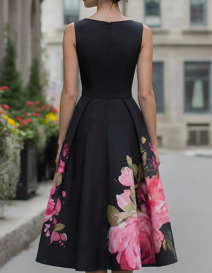 Rochie midi neagră fără mâneci cu imprimeu
