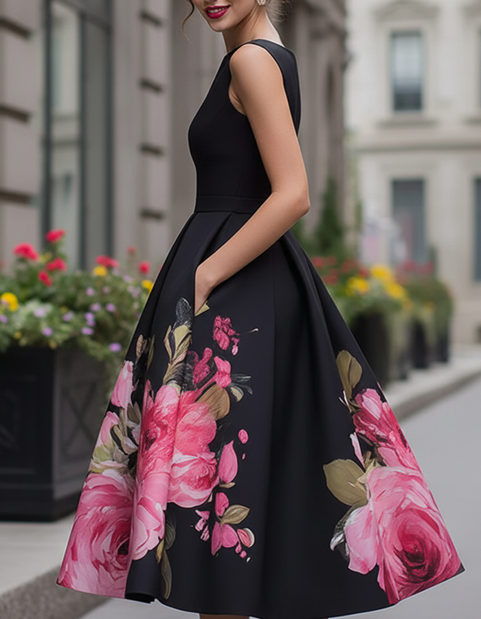 Rochie midi neagră fără mâneci cu imprimeu