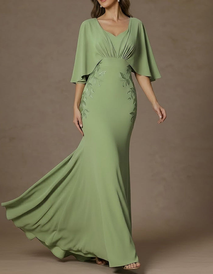 Robe longue sirène vert sauge brodée