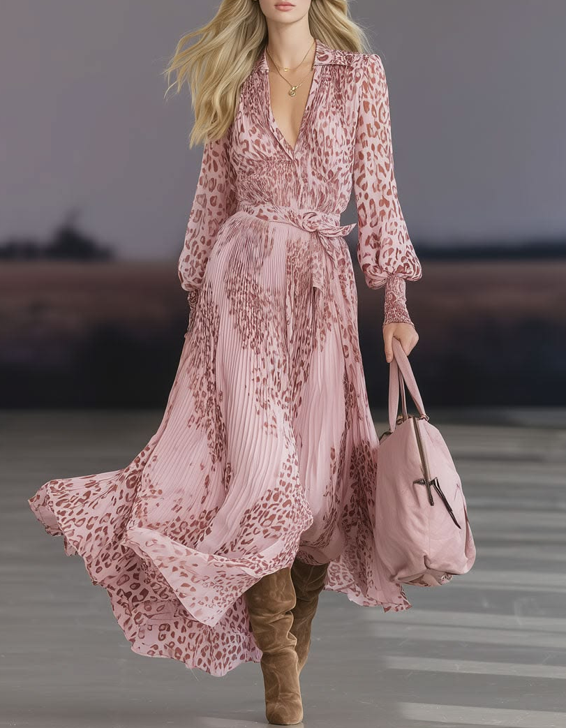 Vestido maxi tipo camisa con estampado de leopardo rosa, escote en V y lazo en gasa  