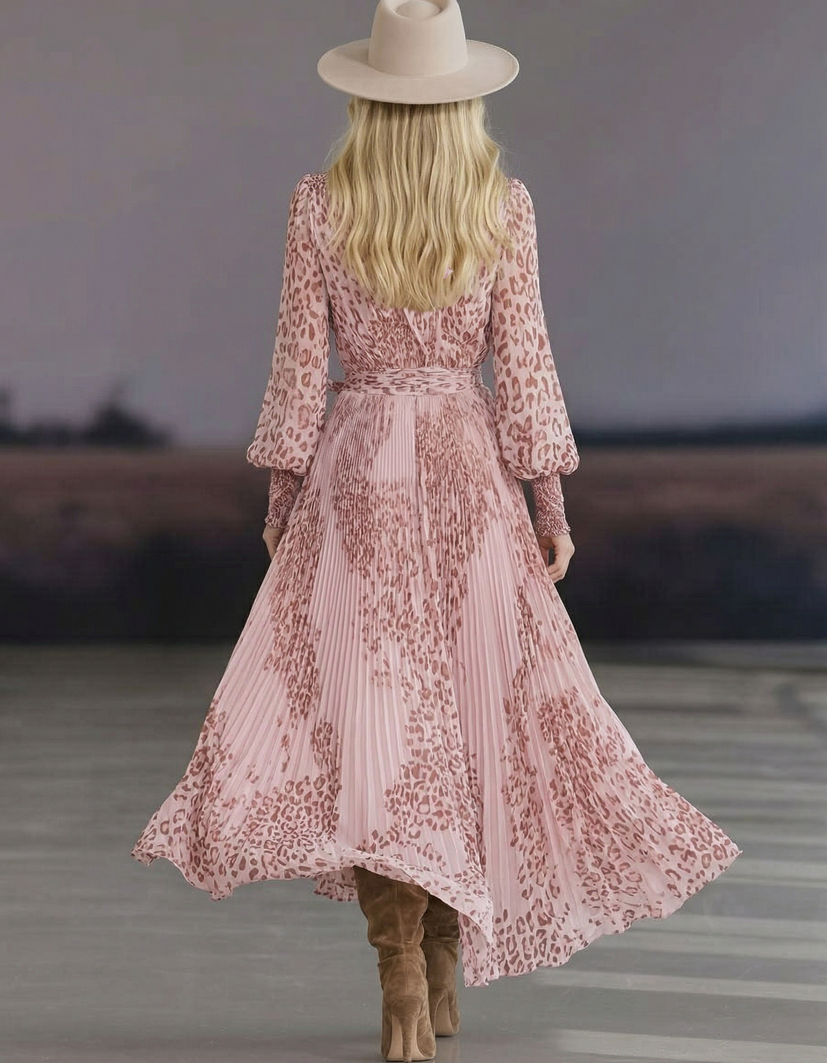 Vestido Maxi Camisa de Chiffon Rosa com Estampa de Leopardo, Decote em V e Laço