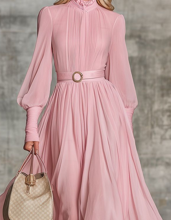 Roze chiffon pofmouw aansluitende taille overhemd maxi-jurk