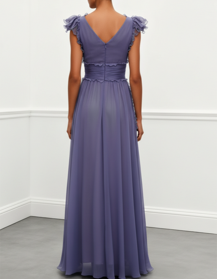 Vestido largo de gasa lavanda polvorienta con volantes