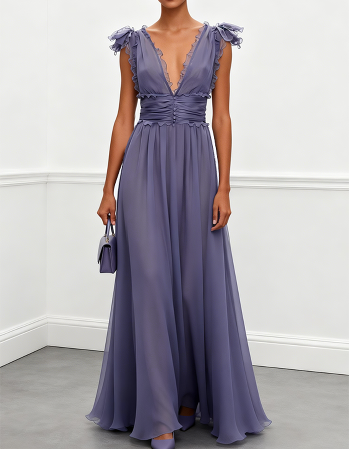 Staublavendelfarbenes Chiffon Rüschen-Maxikleid