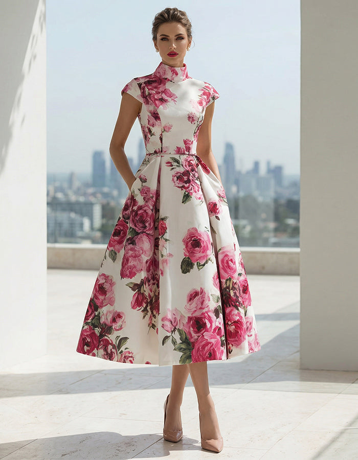 White Base With Rose Red Stand Up Collar Midi Dress
