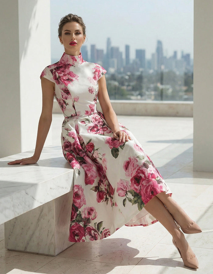 White Base With Rose Red Stand Up Collar Midi Dress