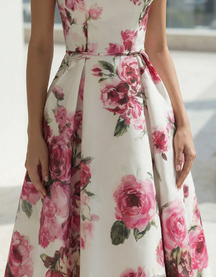 White Base With Rose Red Stand Up Collar Midi Dress