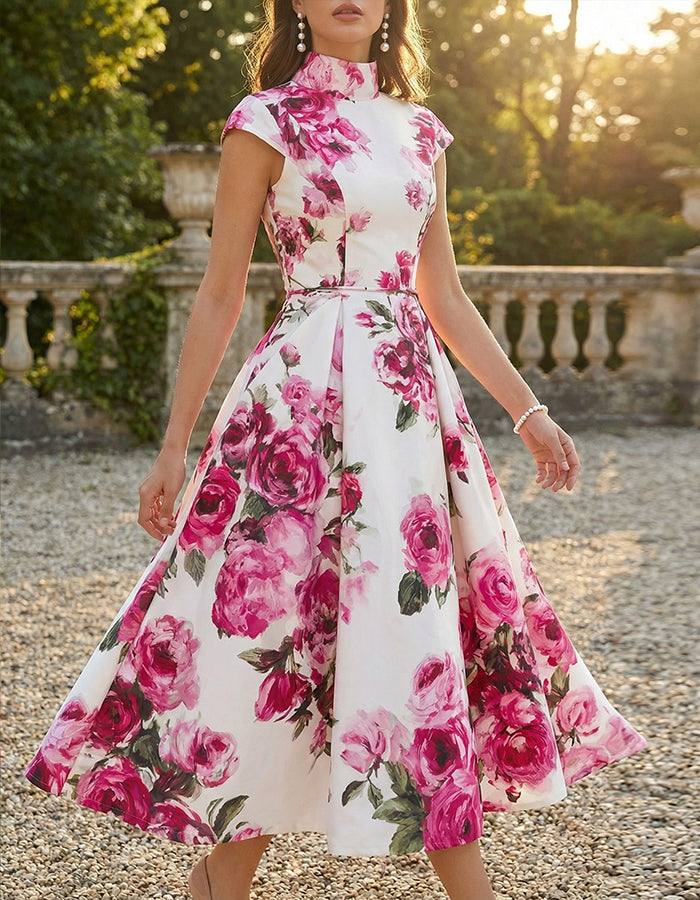 White Base With Rose Red Stand Up Collar Midi Dress