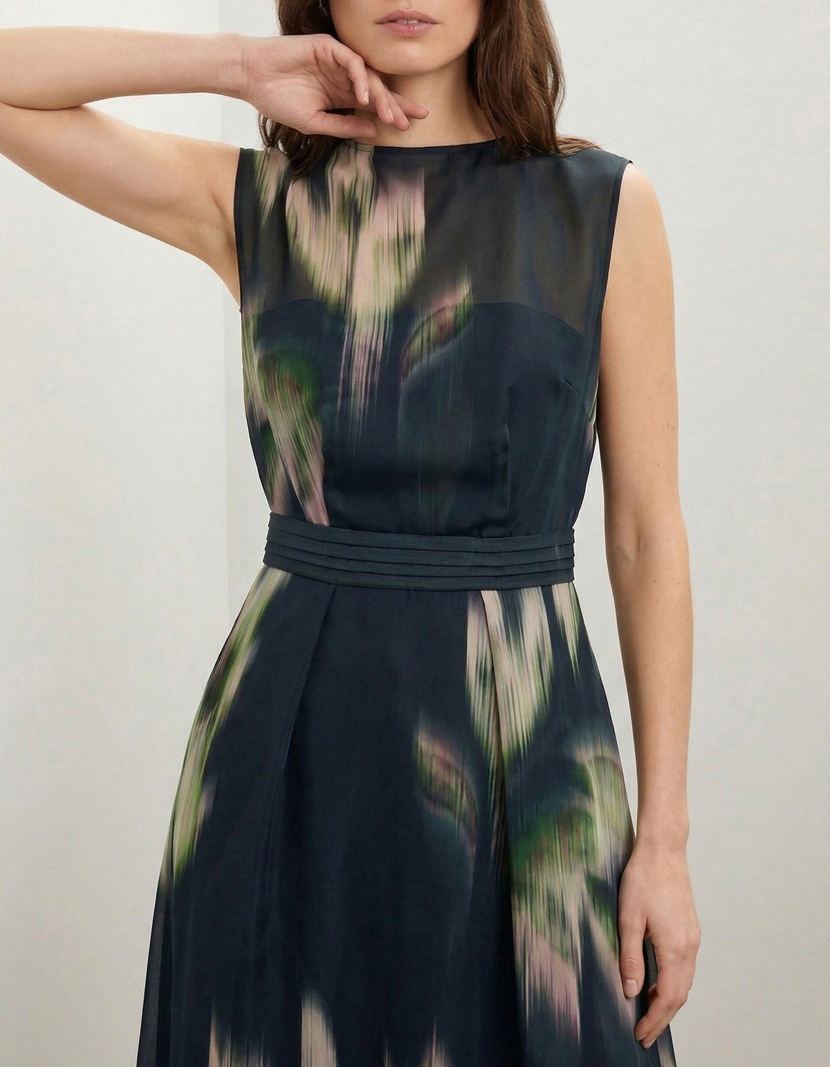 Black Chiffon Printed Sleeveless Fitted Waist Maxi Dress
