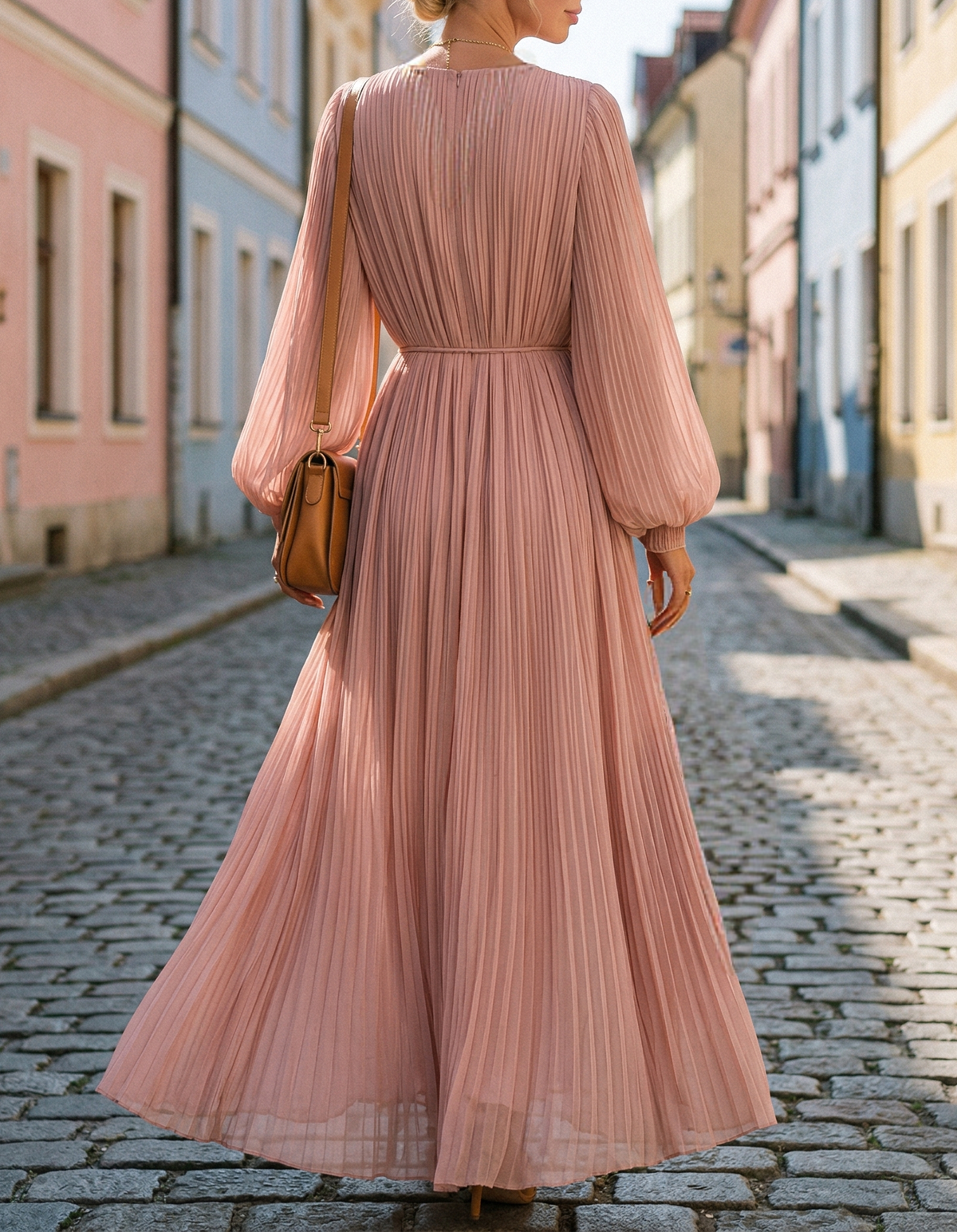 Roze chiffon diepe V-hals pofmouwen maxi-jurk
