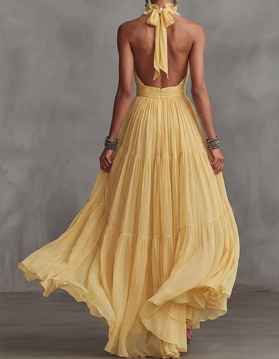Chiffon V-hals halterhals ruches rand taille-cincher maxi-jurk