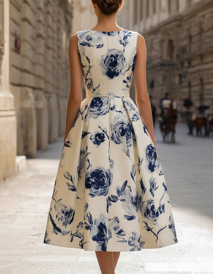 Robe midi crème et bleu marine imprimé rose à l’encre