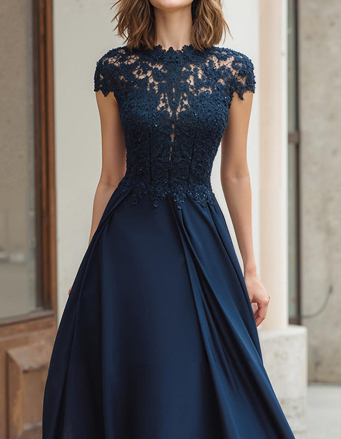 Rochie maxi din chiffon bleumarin cu corset din dantelă