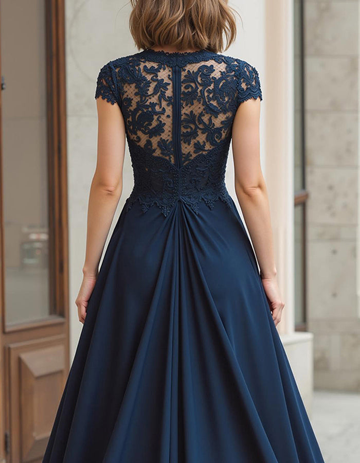 Rochie maxi din chiffon bleumarin cu corset din dantelă