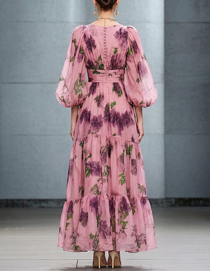 Robe longue en mousseline à motif floral violet rose poussiéreux