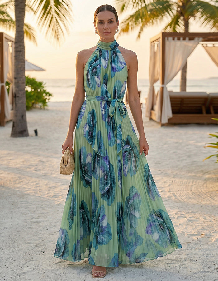 Grünes Neckholder-Maxikleid aus plissiertem Blumen-Chiffon