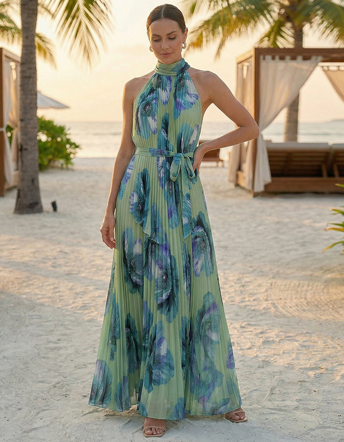 Grünes Neckholder-Maxikleid aus plissiertem Blumen-Chiffon