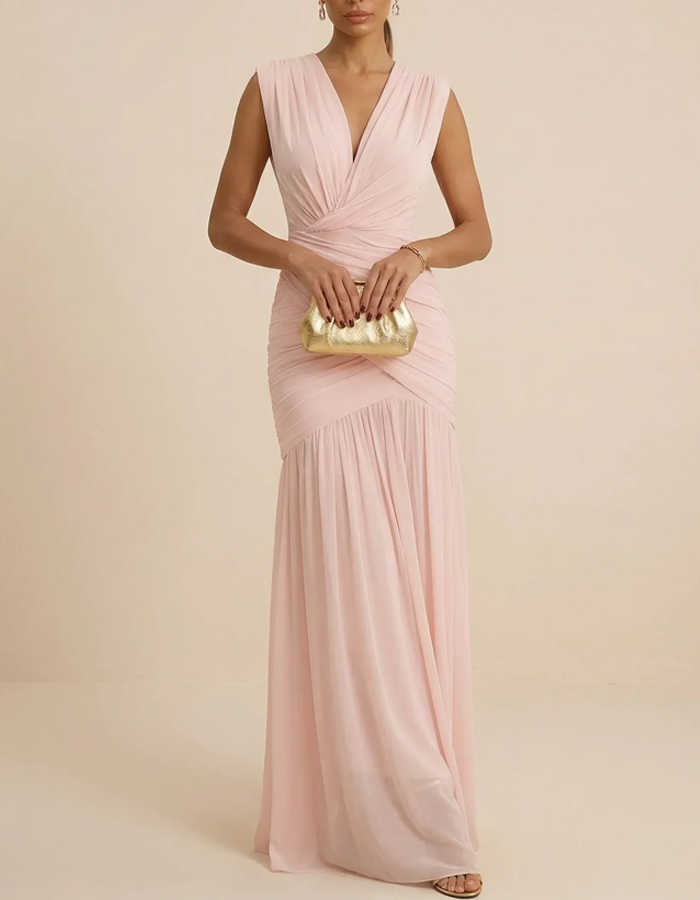 Abito lungo in chiffon plissettato senza maniche con scollo a V profondo