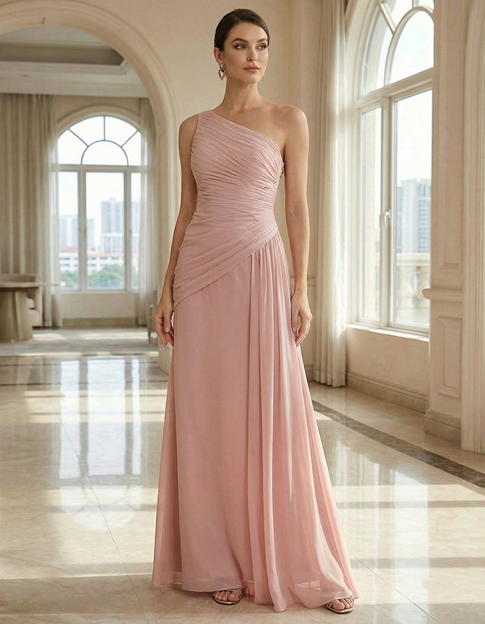 Abito lungo plissettato in chiffon rosa con una spalla