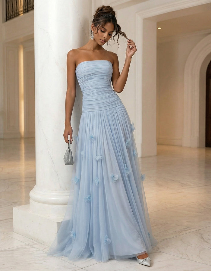 Rochie maxi uni fără bretele cu flori 3D și tul  