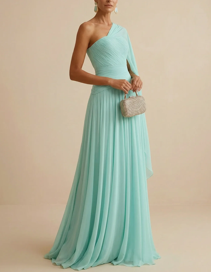 Robe longue en mousseline plissée vert menthe à une épaule