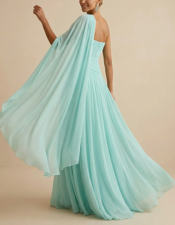 Robe longue en mousseline plissée vert menthe à une épaule