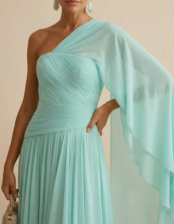 Robe longue en mousseline plissée vert menthe à une épaule