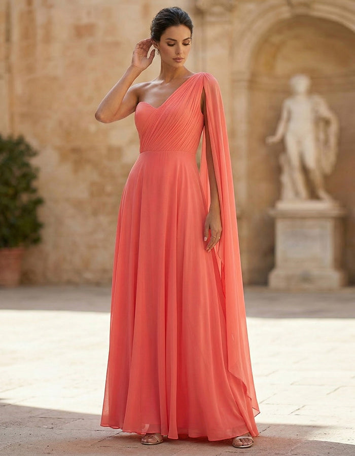Rochie maxi portocaliu-roșu cu un umăr, panglică și chiffon  
