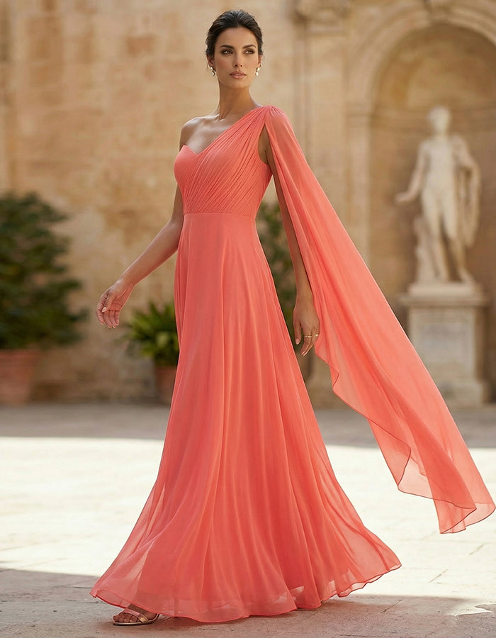 Rochie maxi portocaliu-roșu cu un umăr, panglică și chiffon  