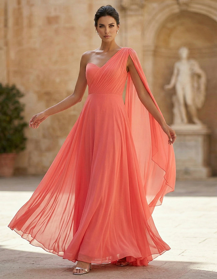 Rochie maxi portocaliu-roșu cu un umăr, panglică și chiffon  
