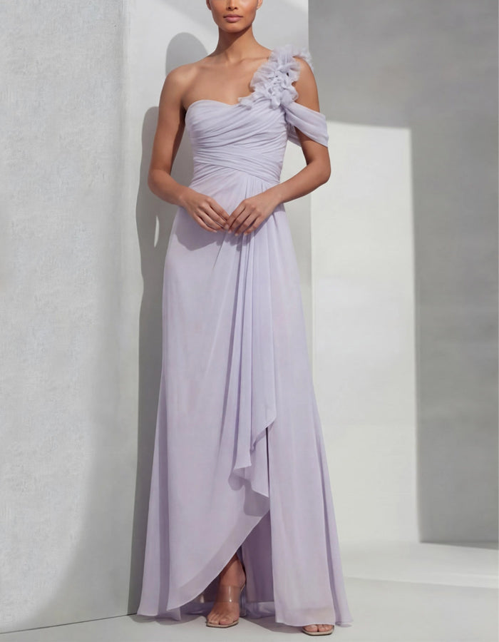 Lavendellila Maxikleid aus Chiffon mit einer Schulter und 3D-Blumen