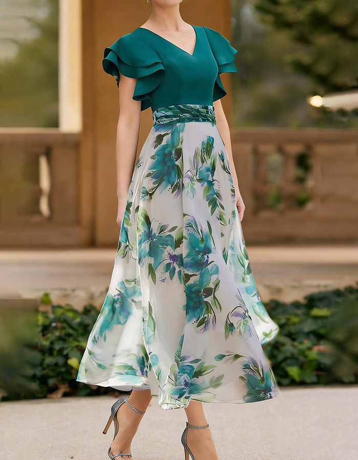 Smaragdgrünes Blumenmuster Midikleid