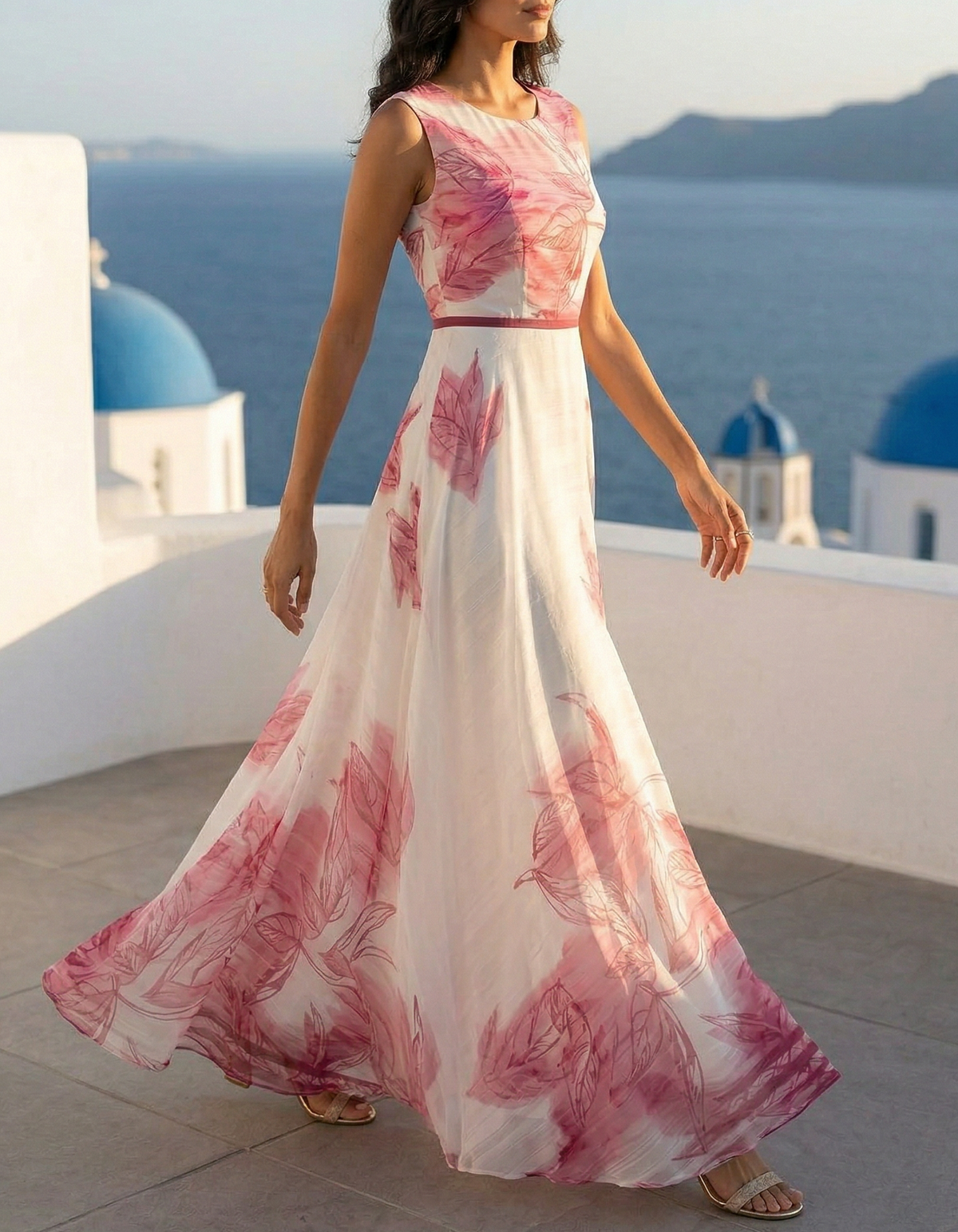 Maxikleid aus pinkem Chiffon mit Rundhalsausschnitt, tailliertem Schnitt und Blumenmuster