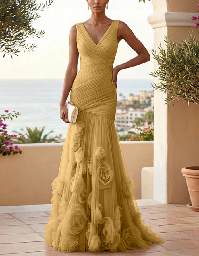 Vestido maxi de malla con rosas 3D y cuello en V de color sólido  